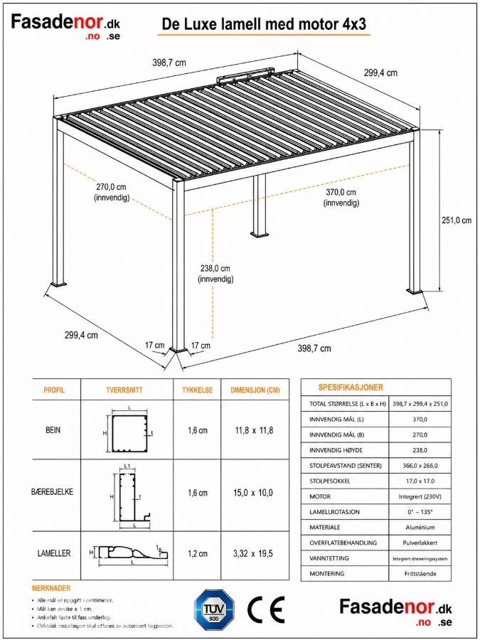 Heavy Duty 4x4x2,5m pergola med motor & fjernkontroll