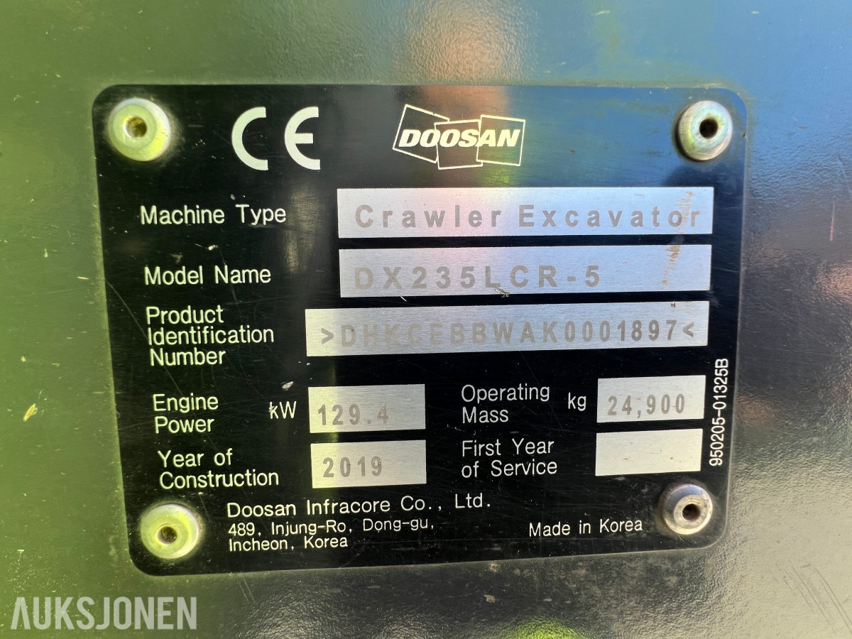 2019 Doosan DX 235 LCR-5 Rototilr, webasto, sentralsmøring