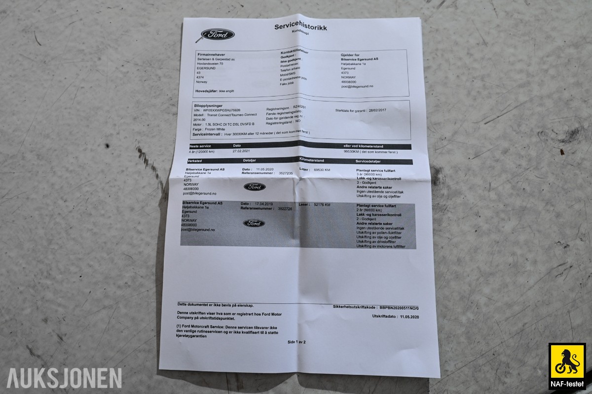 2017 Ford Transit Connect 101HK TDCI 3-SETER HENGERFESTE VARMER SERVICEHISTORIKK