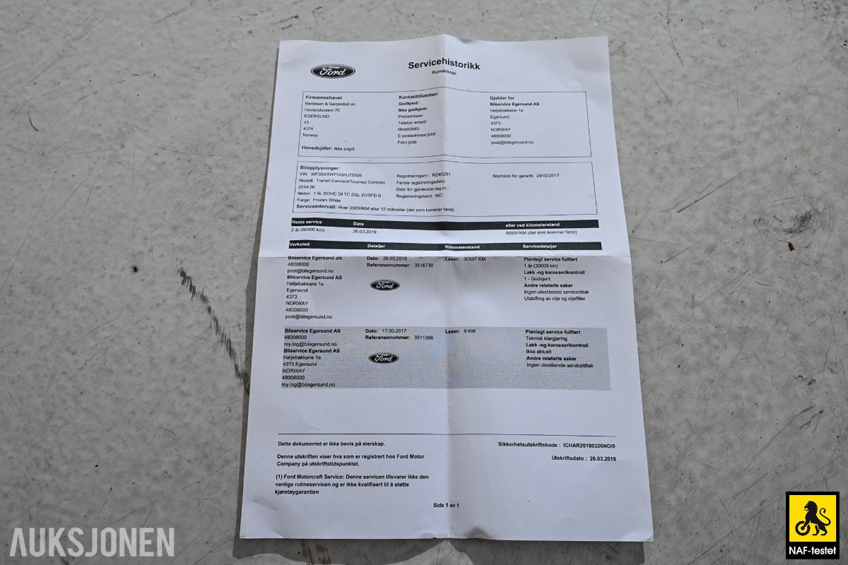 2017 Ford Transit Connect 101HK TDCI 3-SETER HENGERFESTE VARMER SERVICEHISTORIKK