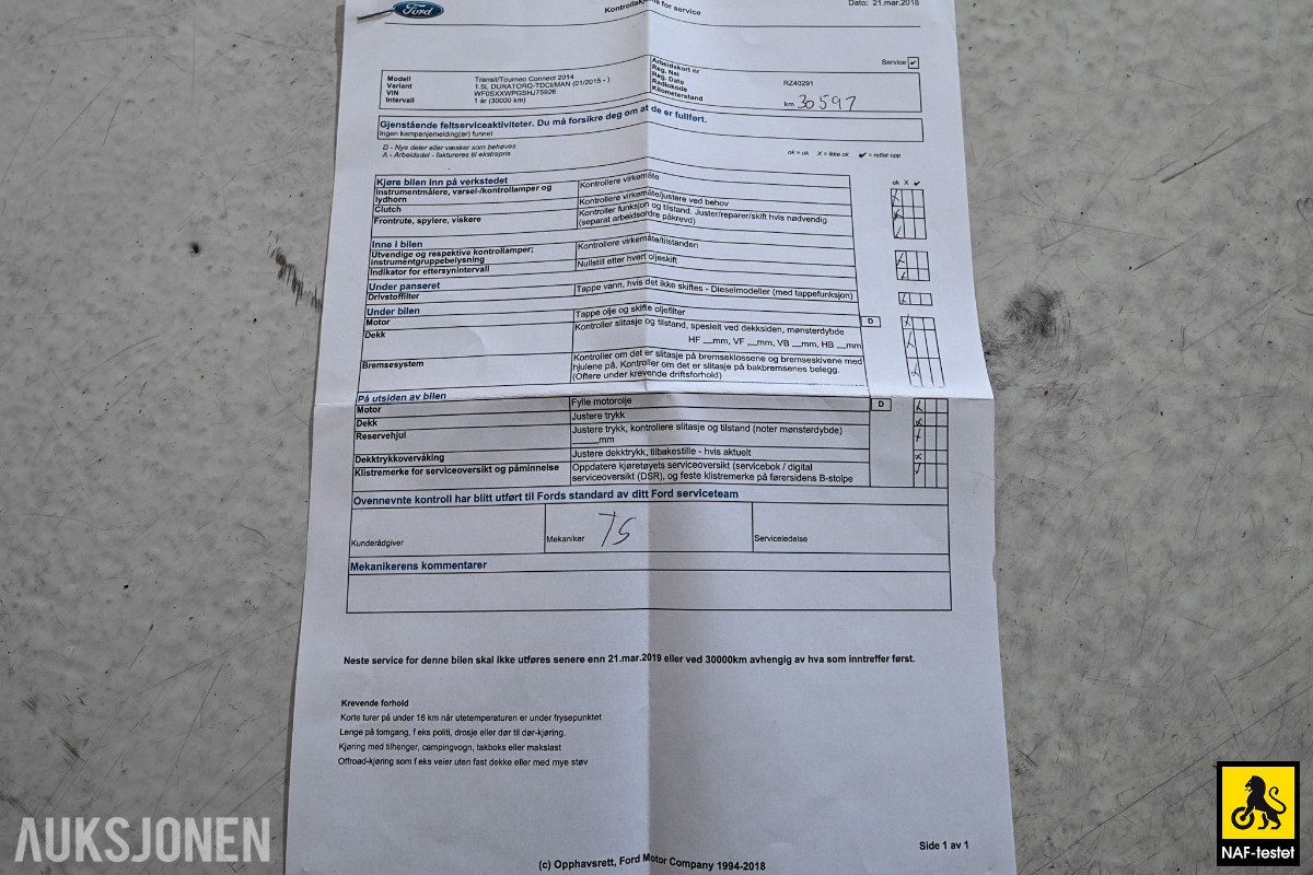 2017 Ford Transit Connect 101HK TDCI 3-SETER HENGERFESTE VARMER SERVICEHISTORIKK