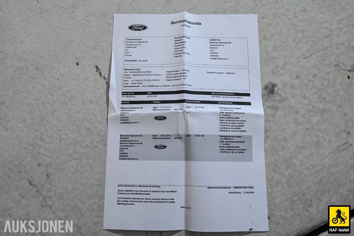 2017 Ford Transit Connect 101HK TDCI 3-SETER HENGERFESTE VARMER SERVICEHISTORIKK