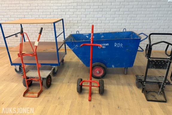 Material- og verkstedtraller: Avfallsvogn (sterke Arvid), rullebord og 3 x gassflasketraller