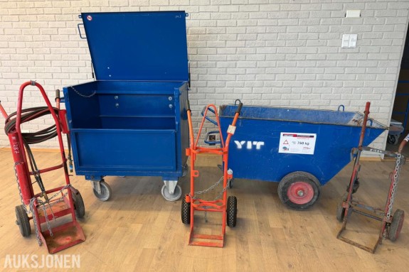 Materialvogn, verktøykasse på hjul og 3 x gassflasketralle