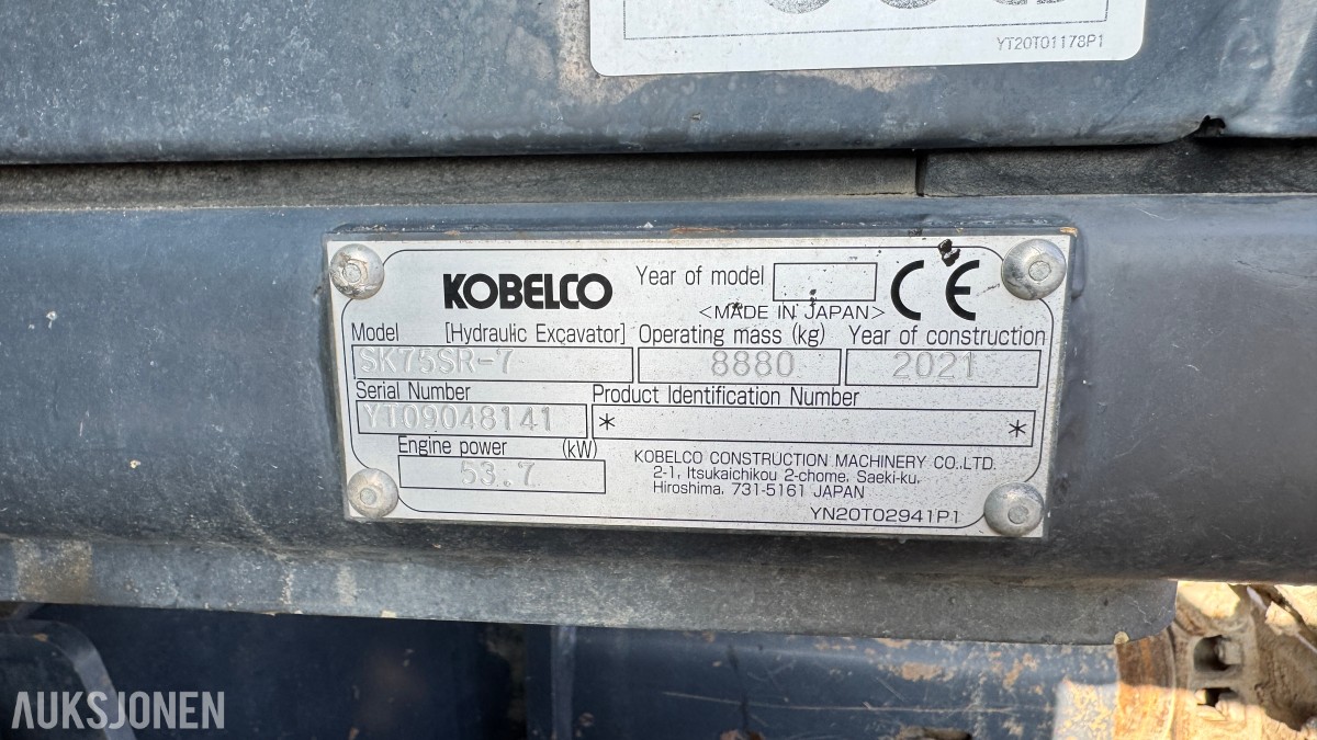 2021 Kobelco SK75SR-7. R3 m/gripekasset 3 skuffer, sentralsmøring, dieselfyllepumpe