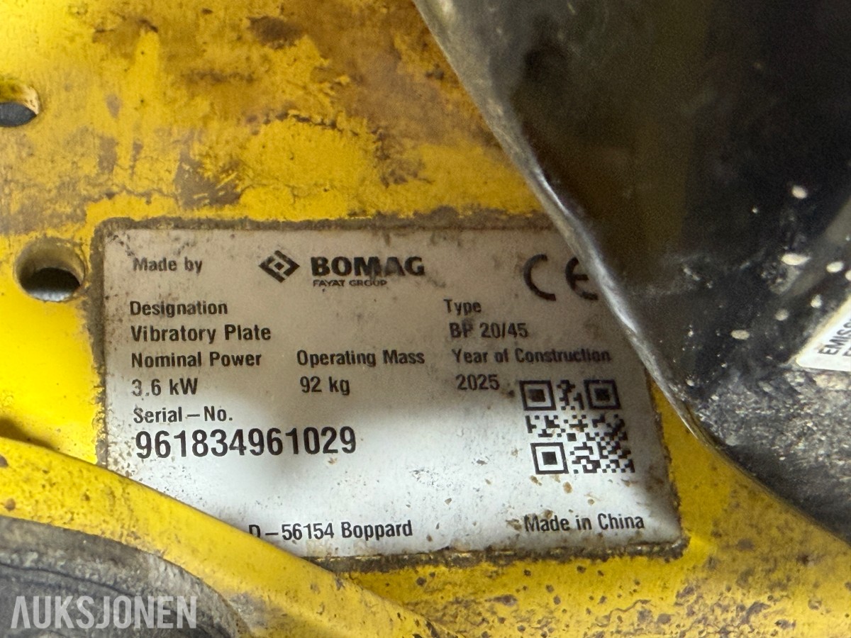 2025 Bomag BP 20/45 Vibrasjonsplate m/Honda GX160 – 92 kg