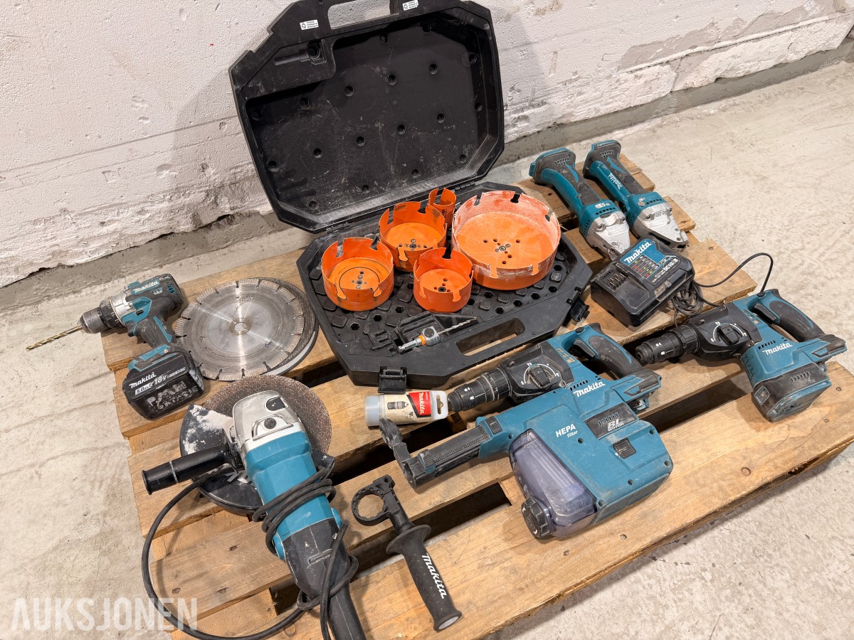 Stor Makita verktøypakke – vinkelsliper, borhammere, driller, platesaks m.m.