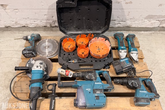 Stor Makita verktøypakke – vinkelsliper, borhammere, driller, platesaks m.m.