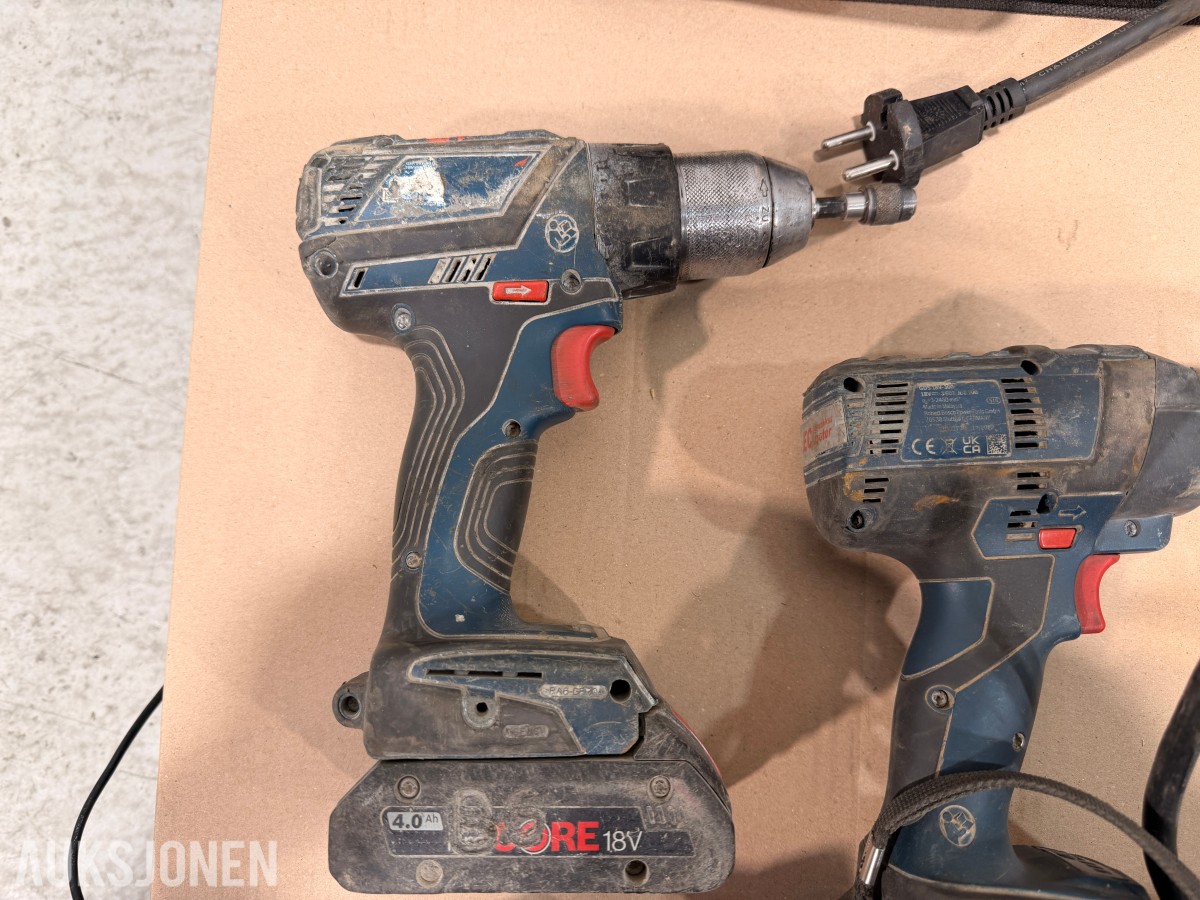 Bosch verktøypakke 18V – drill, muttertrekker, vinkelsliper, laser og tilbehør
