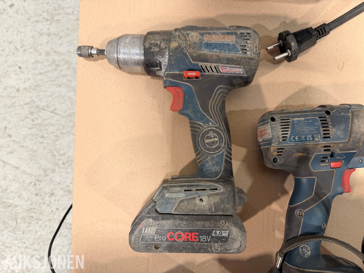 Bosch verktøypakke 18V – drill, muttertrekker, vinkelsliper, laser og tilbehør