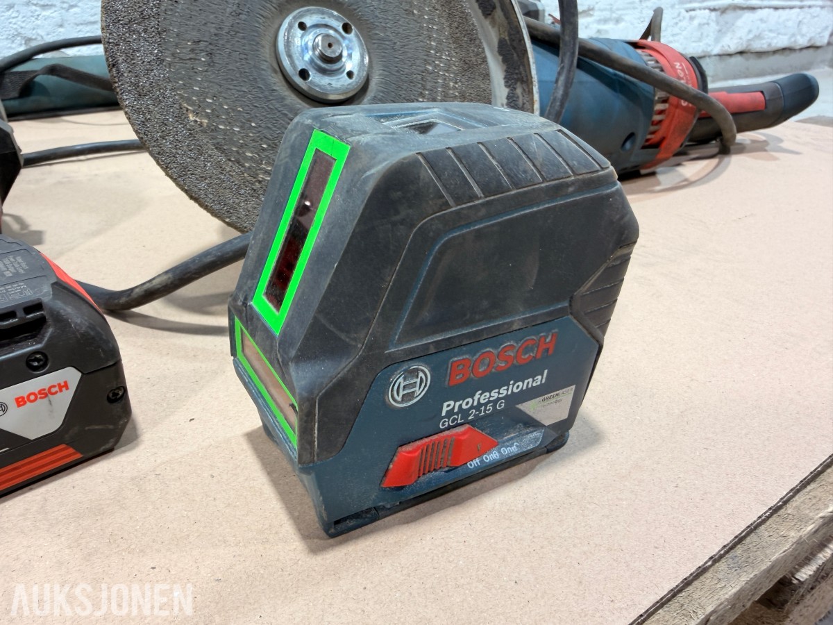 Bosch verktøypakke 18V – drill, muttertrekker, vinkelsliper, laser og tilbehør