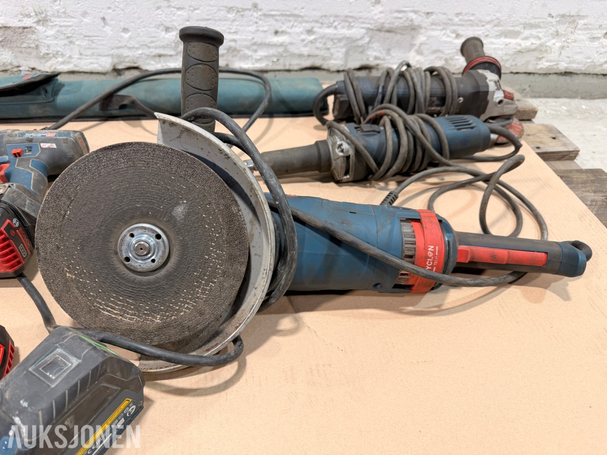 Bosch verktøypakke 18V – drill, muttertrekker, vinkelsliper, laser og tilbehør