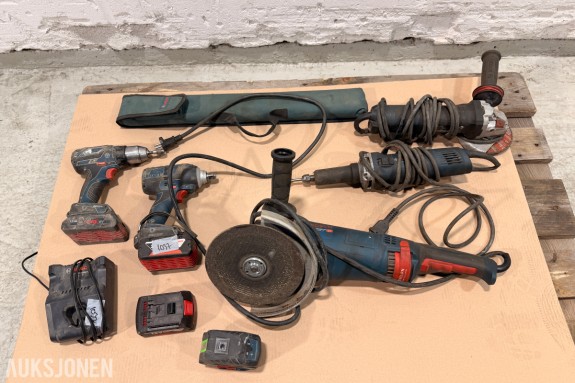 Bosch verktøypakke 18V – drill, muttertrekker, vinkelsliper, laser og tilbehør
