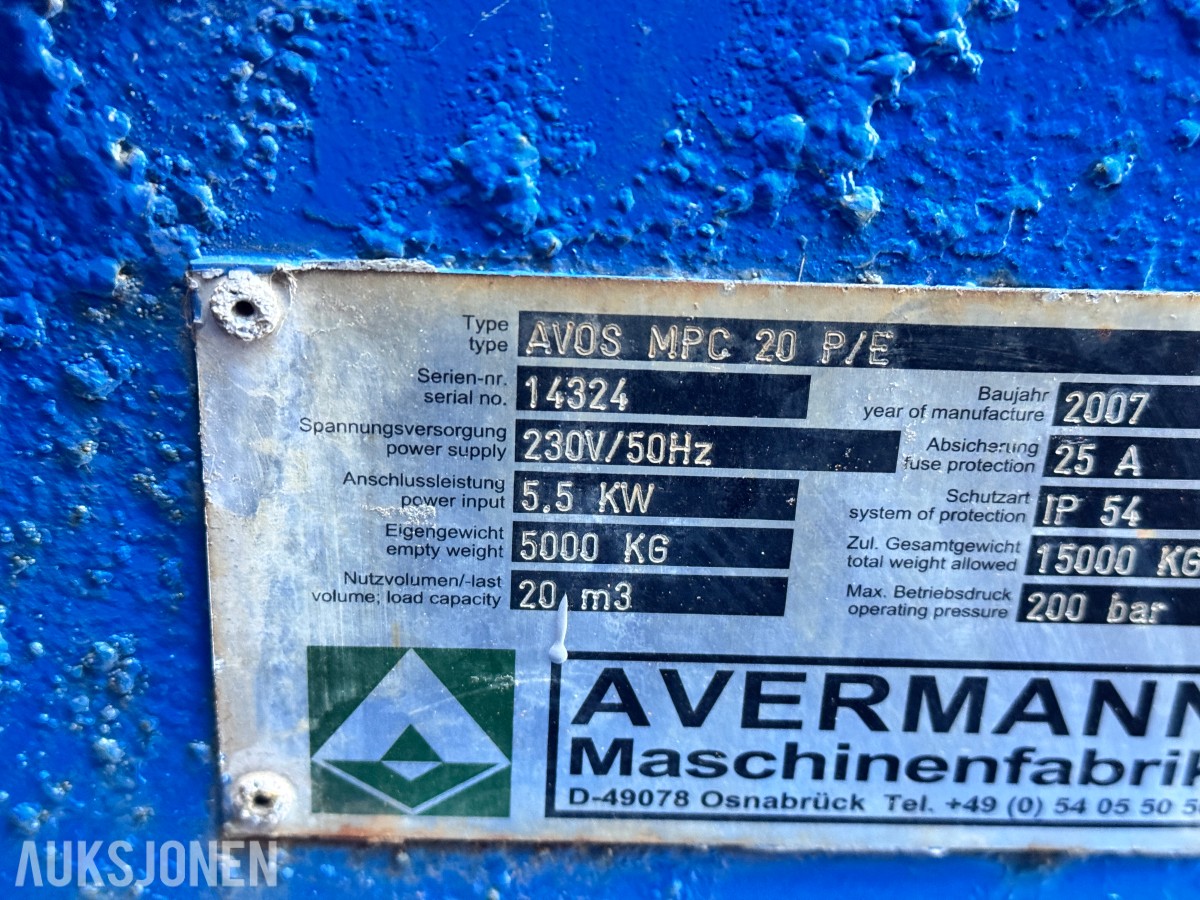 2007 Avermann AVOS Avfallskomprimator 20m3