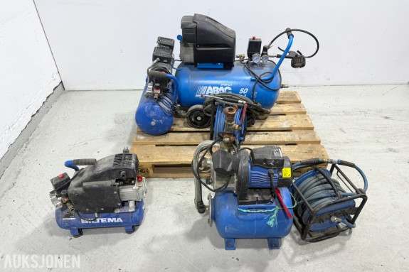 4 stk kompressorer - ABAC 50L 3HP/3 stk Biltema og slangetrommel