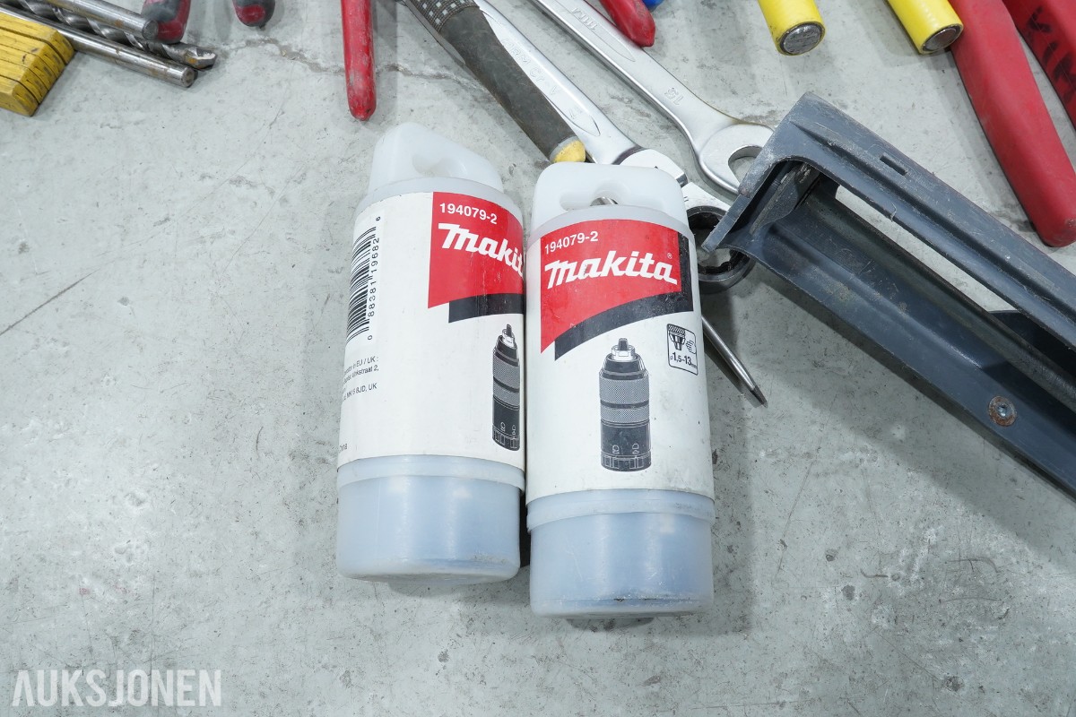 Stor verktøypakke / parti – Makita, Stanley, Milwaukee, hullsager, gassflasker m.m.
