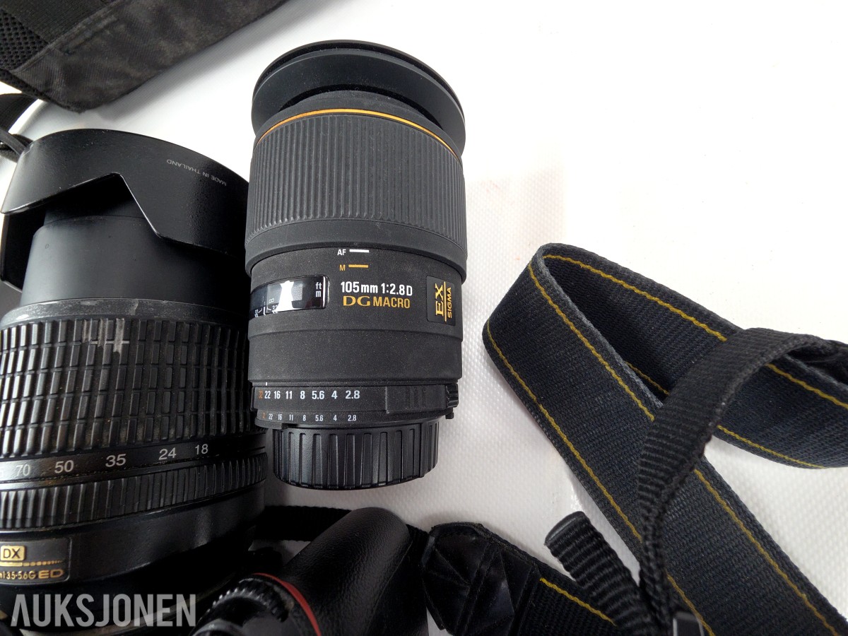 Nikon D90 speilreflekskamera med 18-105mm VR og Sigma 105mm Macro