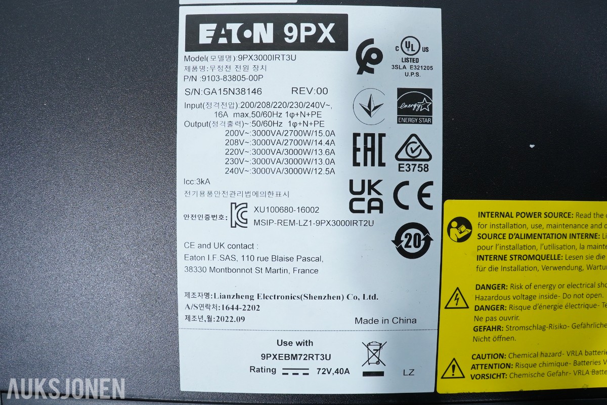 2022 Eaton 9PX 3000i RT3U UPS 3000VA Rack/Tower