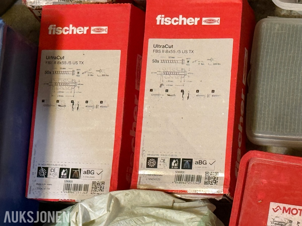Stort parti festemateriell, skruer og bolter – Fischer, Würth, Hilti