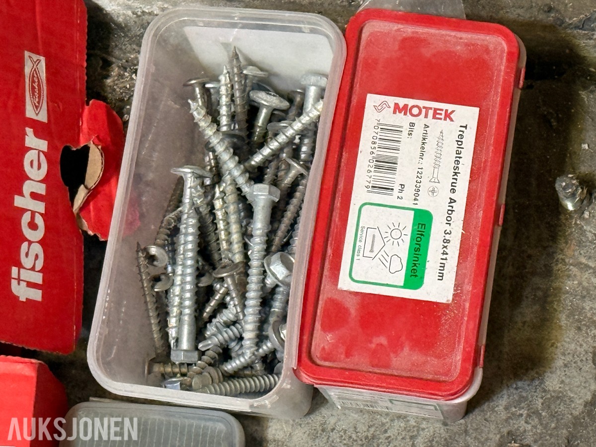 Stort parti festemateriell, skruer og bolter – Fischer, Würth, Hilti
