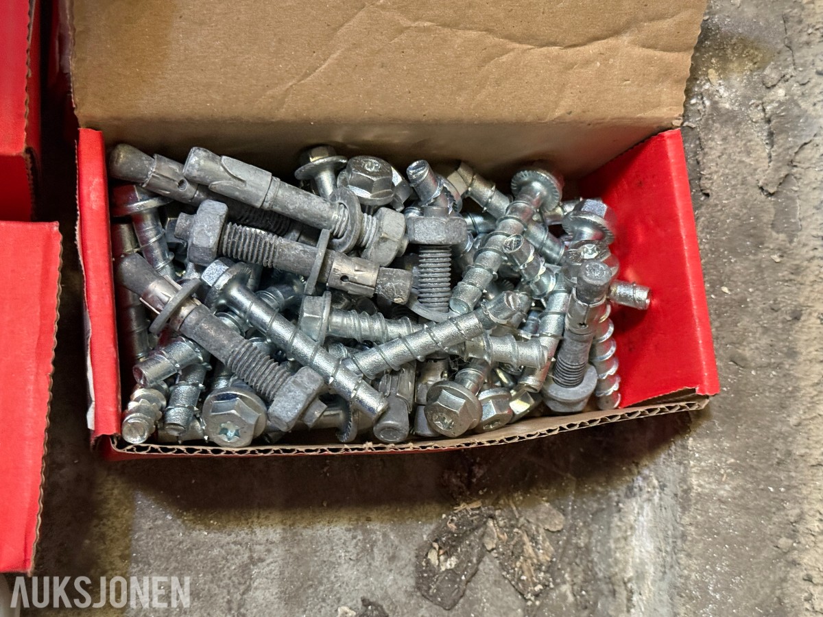 Stort parti festemateriell, skruer og bolter – Fischer, Würth, Hilti