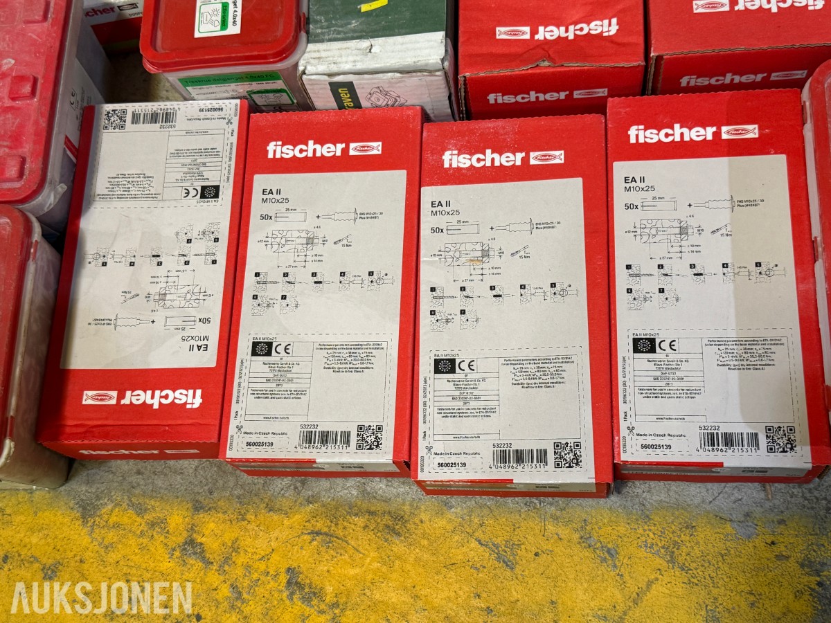 Stort parti festemateriell, skruer og bolter – Fischer, Würth, Hilti