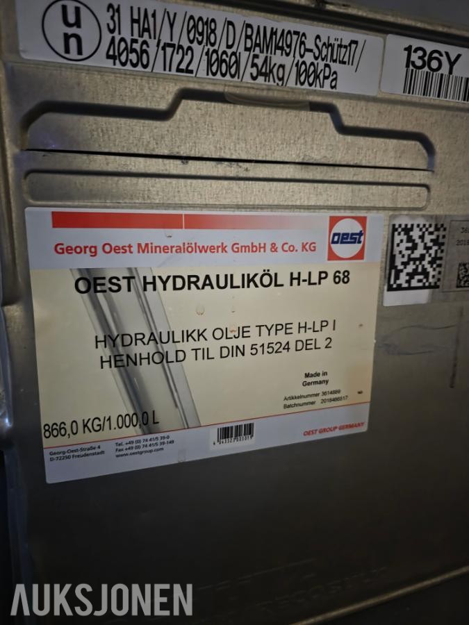 Oest IBC tank 1000L hydraulikkolje HLP 68 – NY/UÅPNET