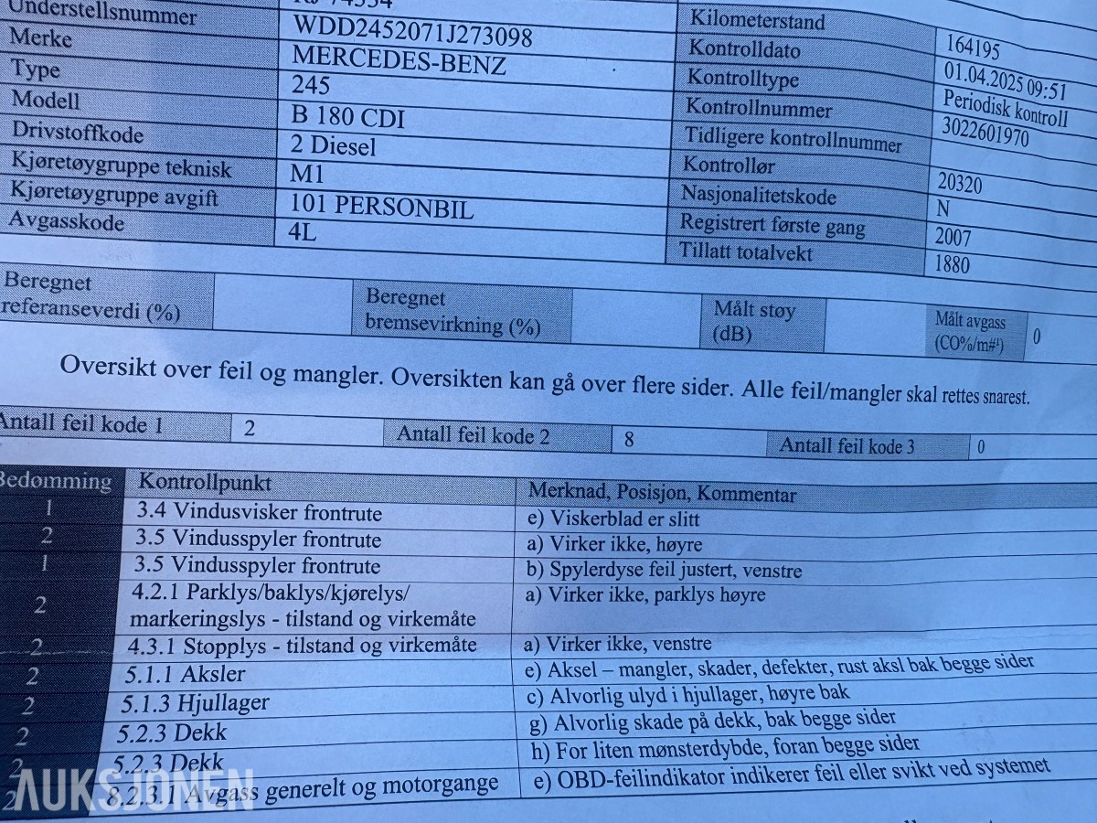 2007 Mercedes-Benz B-Klasse, B 180 CDI 2.0-109 D, 164195km