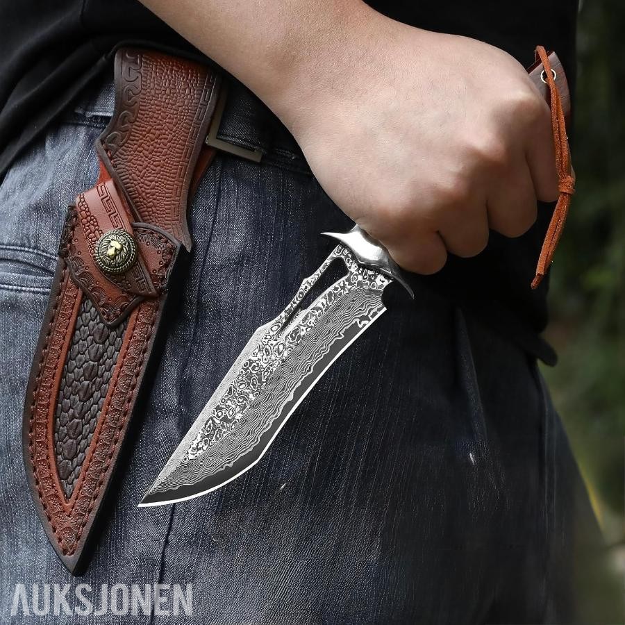 Damaskus Jaktkniv + Slipestein – 48 TIMERS AUKSJON