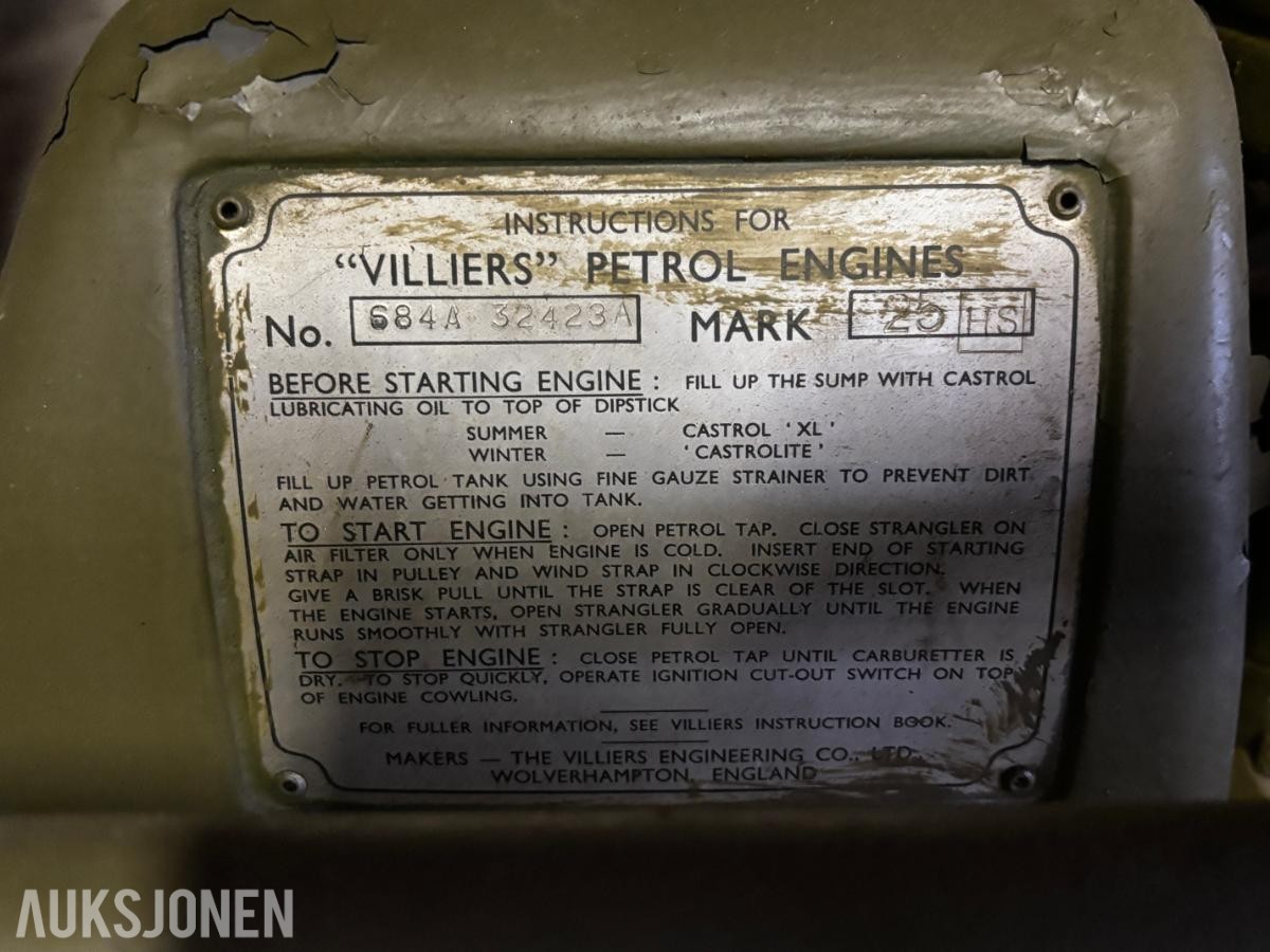 VILLIERS MARK 20HS BENSINDREVET AGGREGAT / GENERATOR – VETERAN – MILITÆR UTFØRELSE