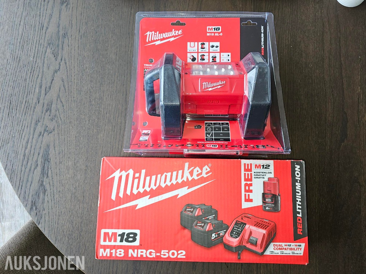 Milwaukee M18 NRG-502 Lade pakke + M18 AL-0 Arbeidslampe