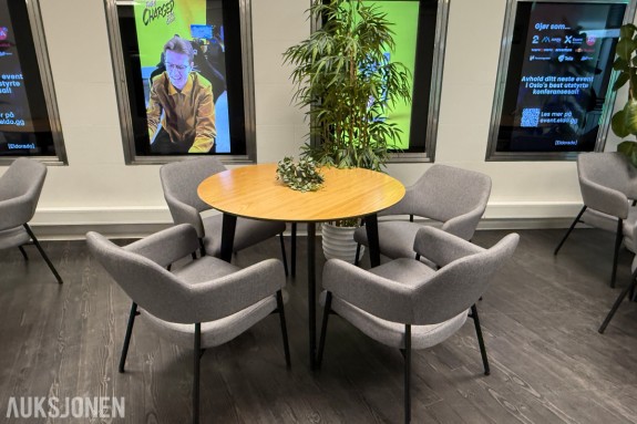 Rundt bord med 4 stoler og plante