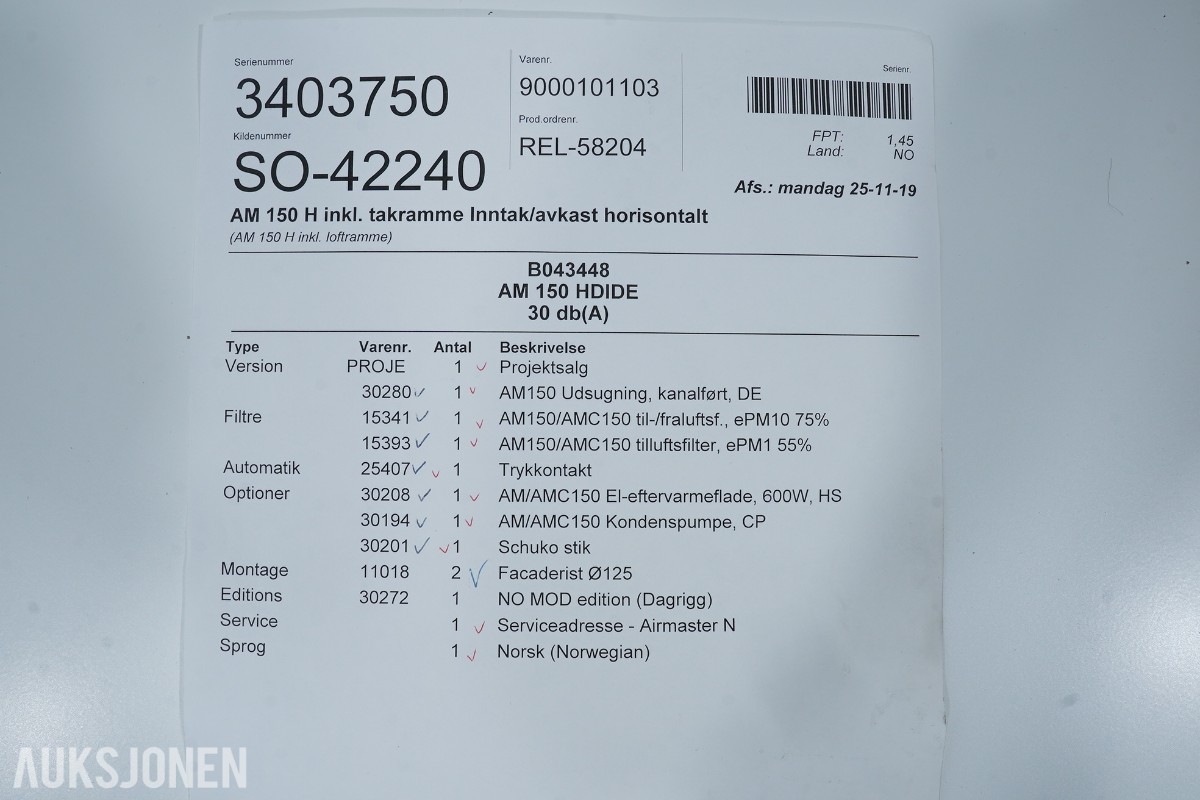 Airmaster AM 150 H ventilasjonsaggregat med varmegjenvinning