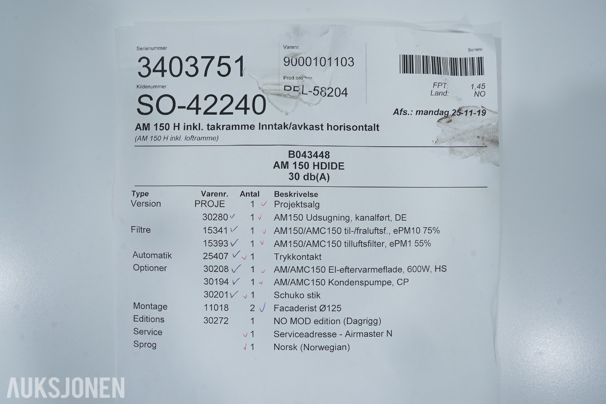 Airmaster AM 150 H ventilasjonsaggregat med varmegjenvinning