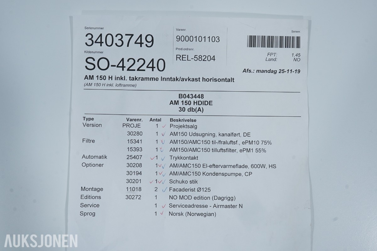 Airmaster AM 150 H ventilasjonsaggregat med varmegjenvinning