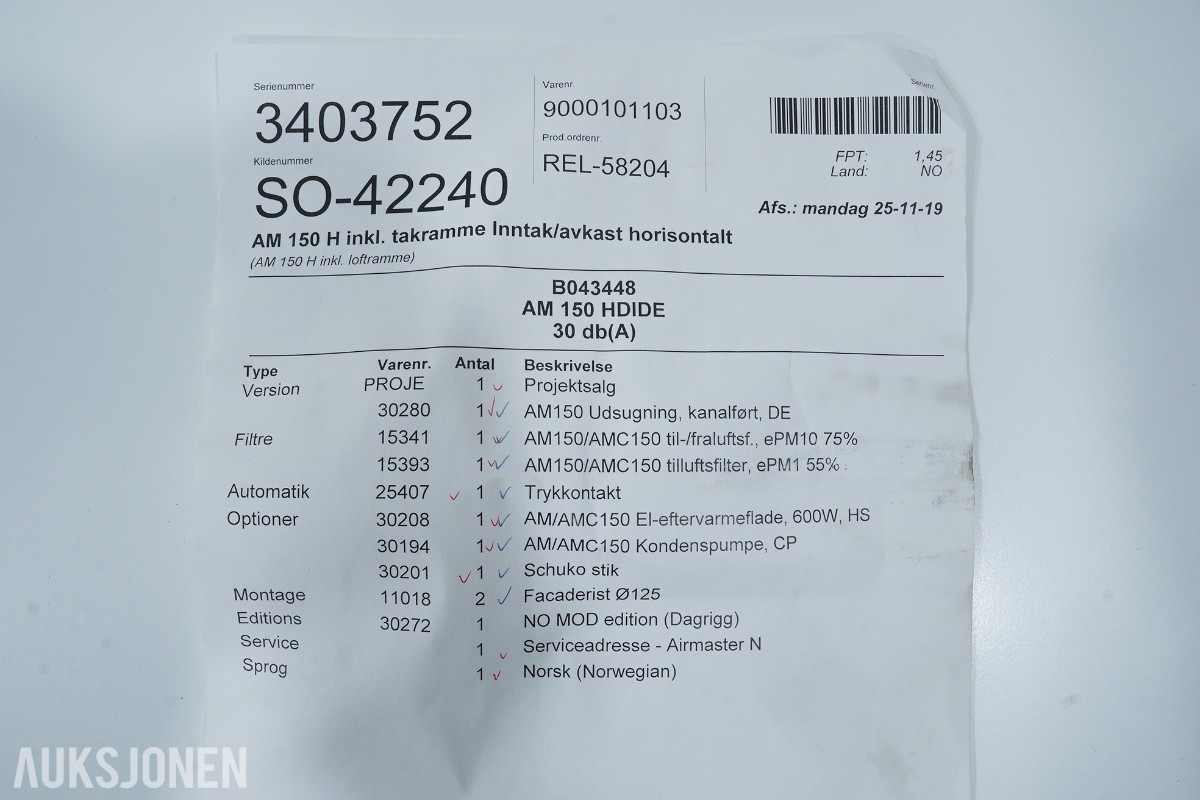 Airmaster AM 150 H ventilasjonsaggregat med varmegjenvinning
