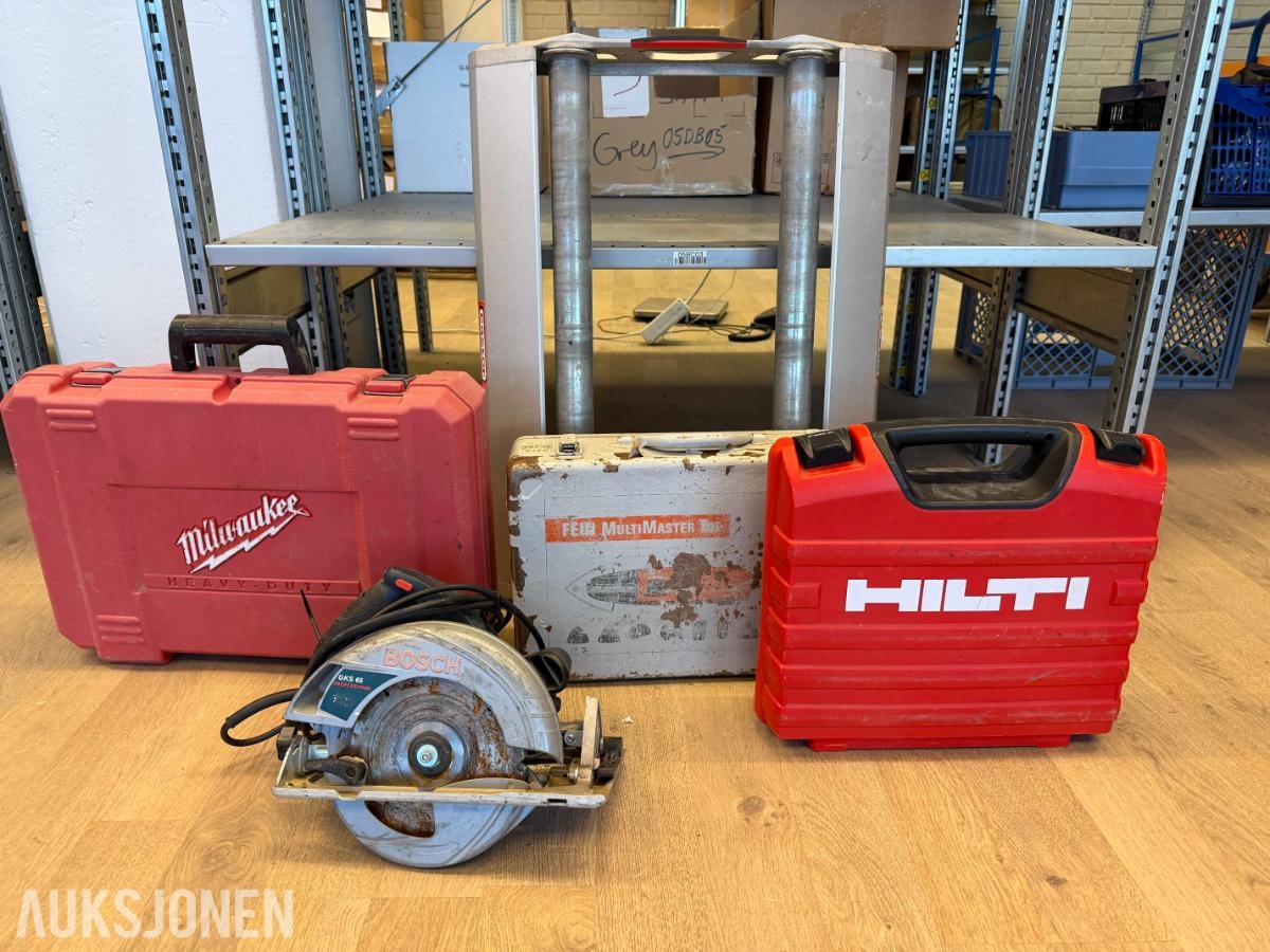 Diverse verktøy: Bosch sirkelsag, Milwaukee, Fein, Hilti + kabelrulle m.m.