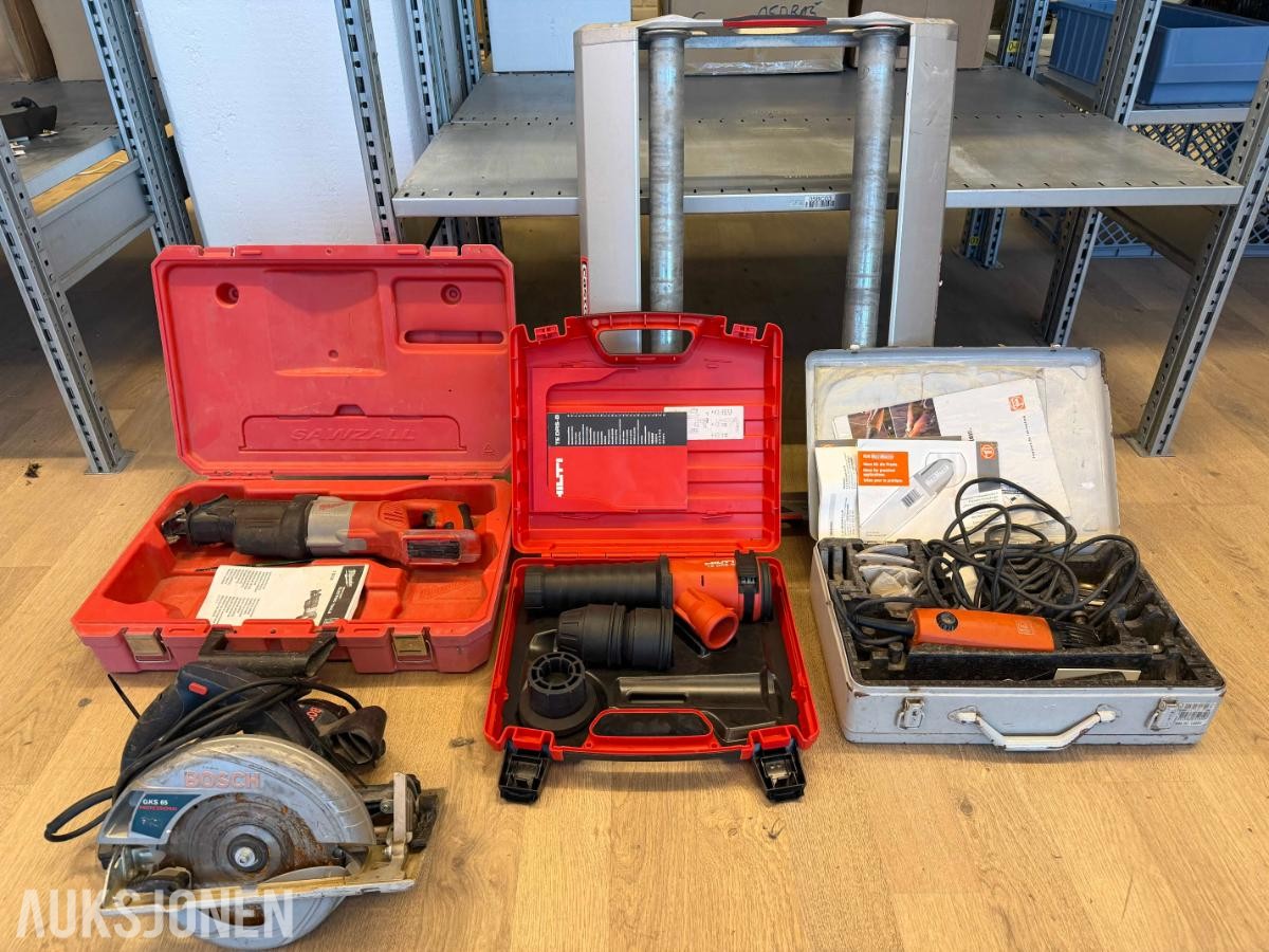 Diverse verktøy: Bosch sirkelsag, Milwaukee, Fein, Hilti + kabelrulle m.m.