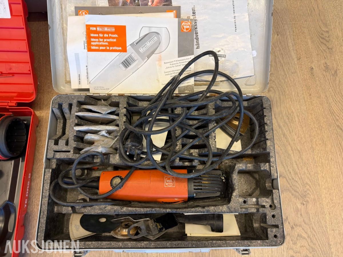 Diverse verktøy: Bosch sirkelsag, Milwaukee, Fein, Hilti + kabelrulle m.m.