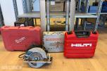 Diverse verktøy: Bosch sirkelsag, Milwaukee, Fein, Hilti + kabelrulle m.m.