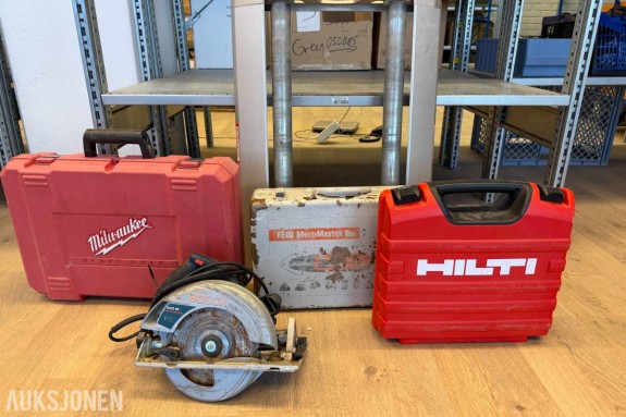 Diverse verktøy: Bosch sirkelsag, Milwaukee, Fein, Hilti + kabelrulle m.m.