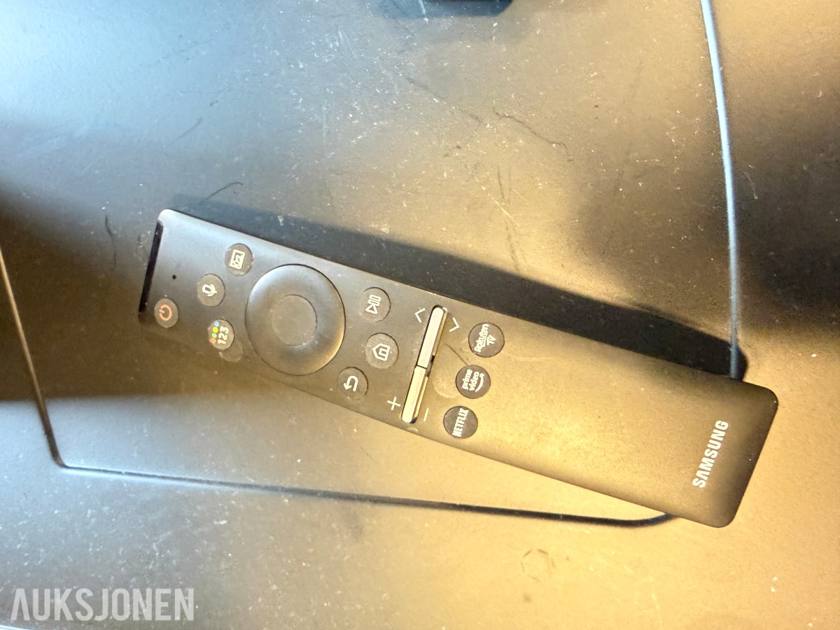 Samsung 65” TV med gulvstativ på hjul og fjernkontroll