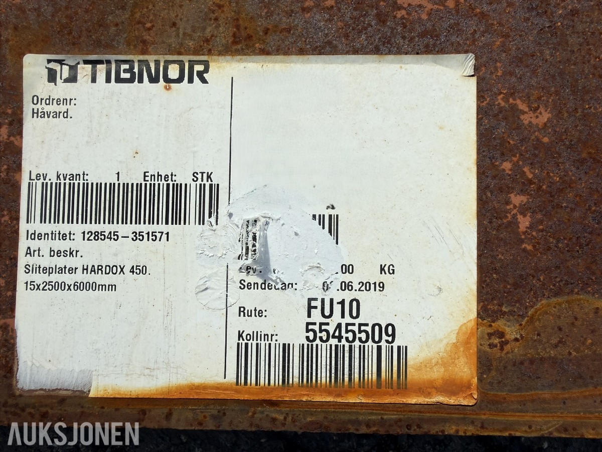 HARDOX Stålplate / sliteplate 16 mm – ca. 2500 x 5100 mm
