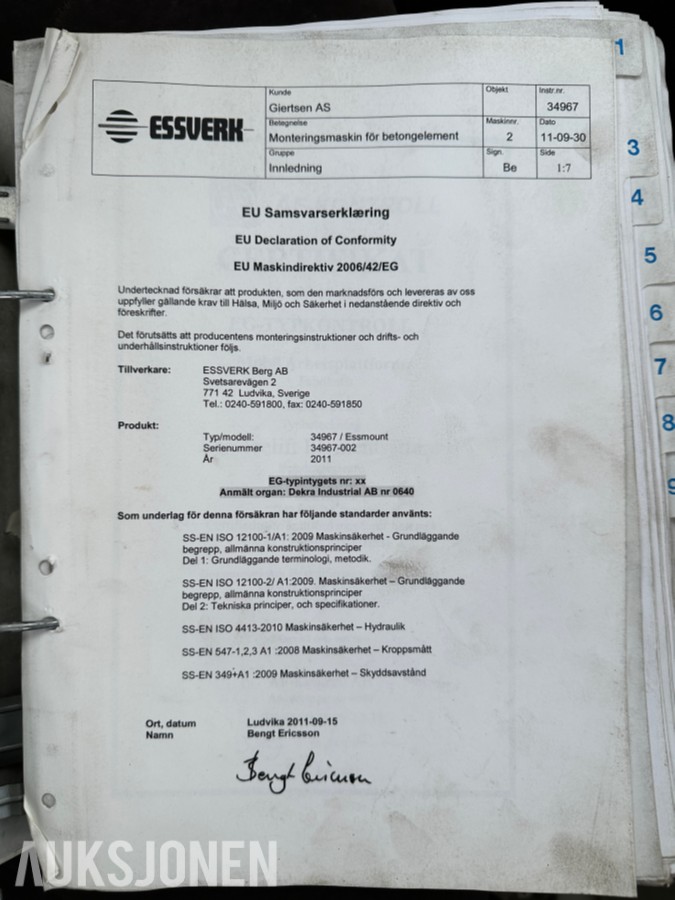 2011 Essverk Essmount 8T monteringsmaskin - komplett m/vakuumutstyr + dokumentasjon