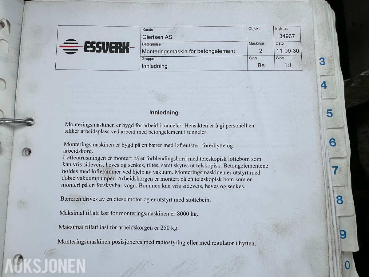 2011 Essverk Essmount 8T monteringsmaskin - komplett m/vakuumutstyr + dokumentasjon