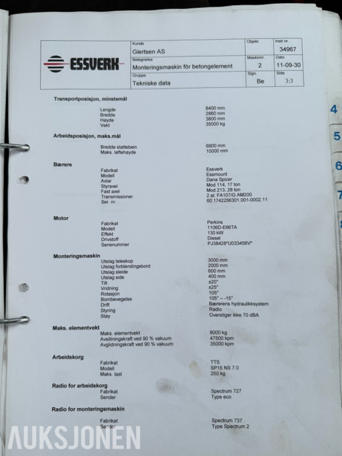 2011 Essverk Essmount 8T monteringsmaskin - komplett m/vakuumutstyr + dokumentasjon