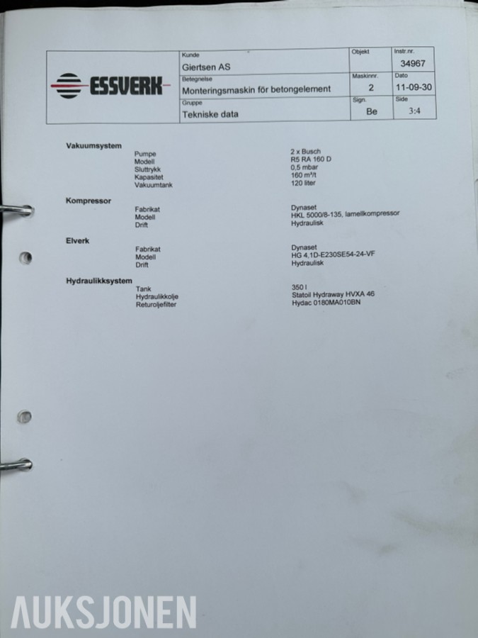 2011 Essverk Essmount 8T monteringsmaskin - komplett m/vakuumutstyr + dokumentasjon