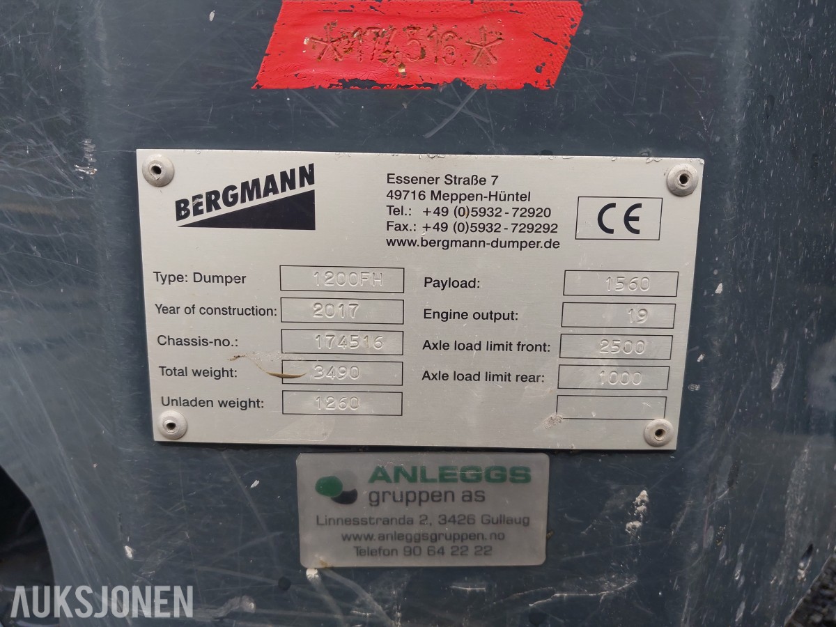 2017 Bergmann 1200FH Minidumper kun 524timer