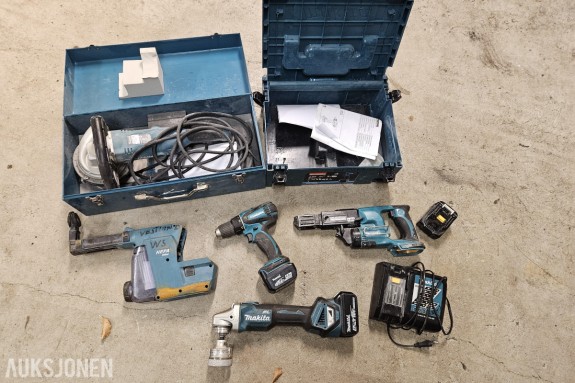 Makita NPC5000C betongsliper, Makita DDF446 drill, Makita DFR450X skruautomat, Makita DGA512 vinkelsliper, batterilader og batteri