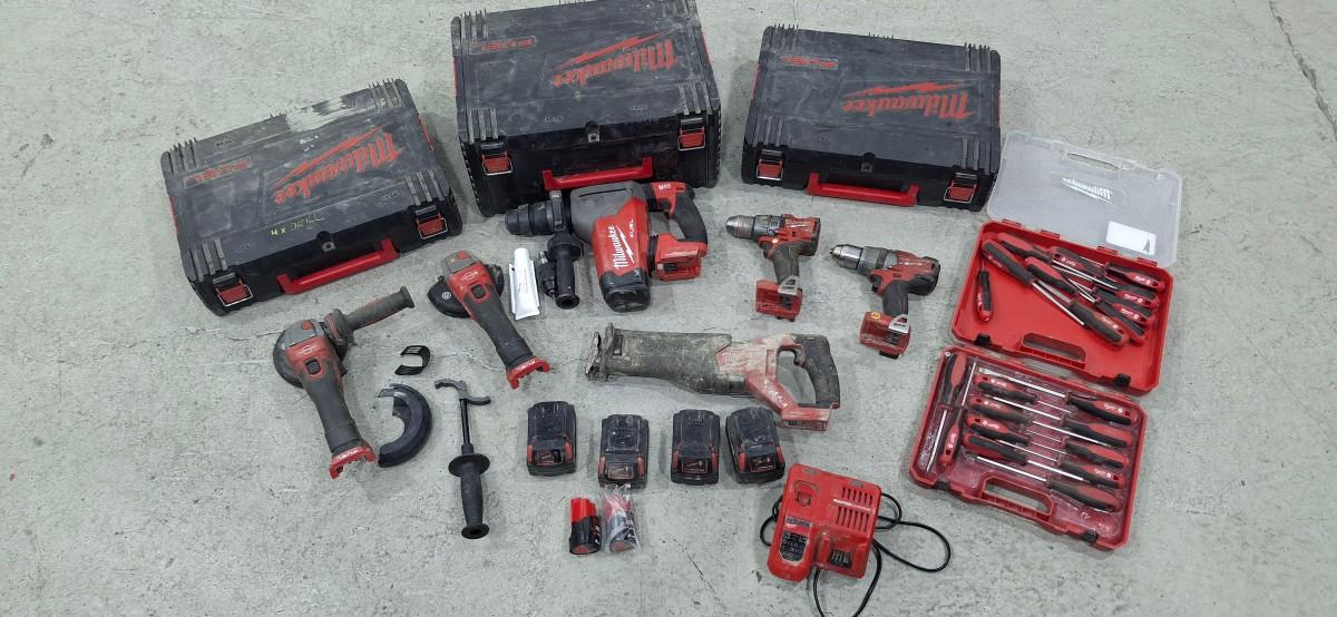 Milwaukee M18 verktøypakke – ONEFHX, ONEFSZ, FPD3, vinkelslipere m.m.